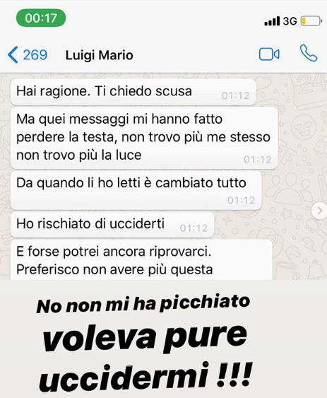 Nina Moric pubblica chat con Luigi Mario Favoloso che scrive &#8220;ho rischiato di ucciderti&#8221;