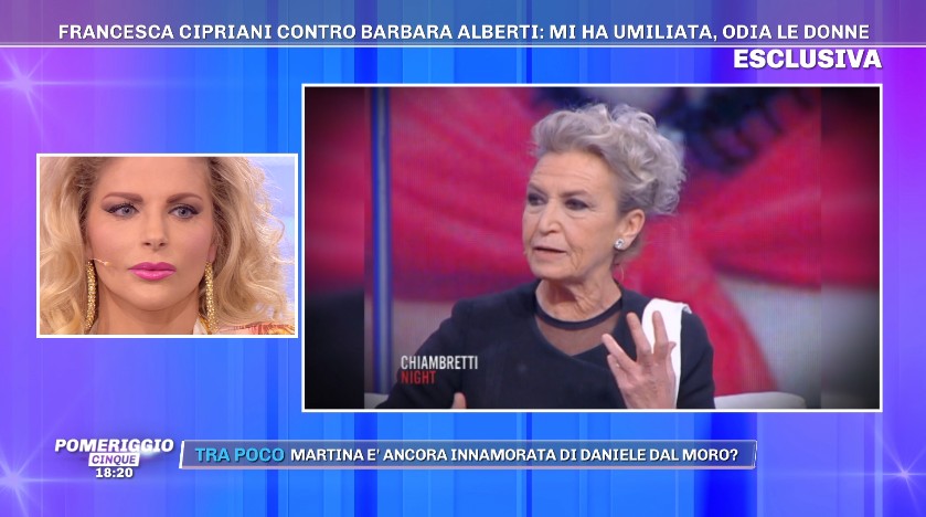 Pomeriggio 5, Francesca Cipriani contro Barbara Alberti: &#8220;Una grande cafona, è un&#8217;esaltata, non sa quello che dice&#8221; (video)