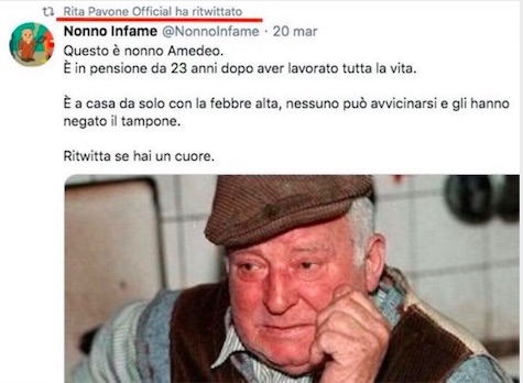 Rita Pavone condivide una foto di un anziano in difficoltà per il Coronavirus. Ma è Pietro Pacciani