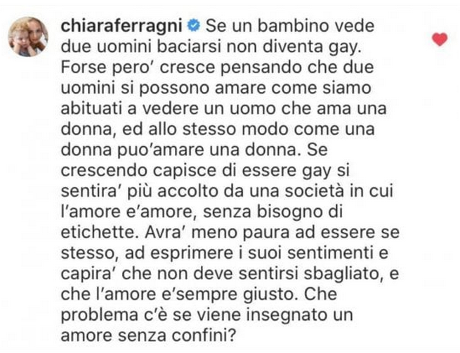 Chiara Ferragni: &#8220;Se un bambino vede due uomini baciarsi non diventa gay&#8221;